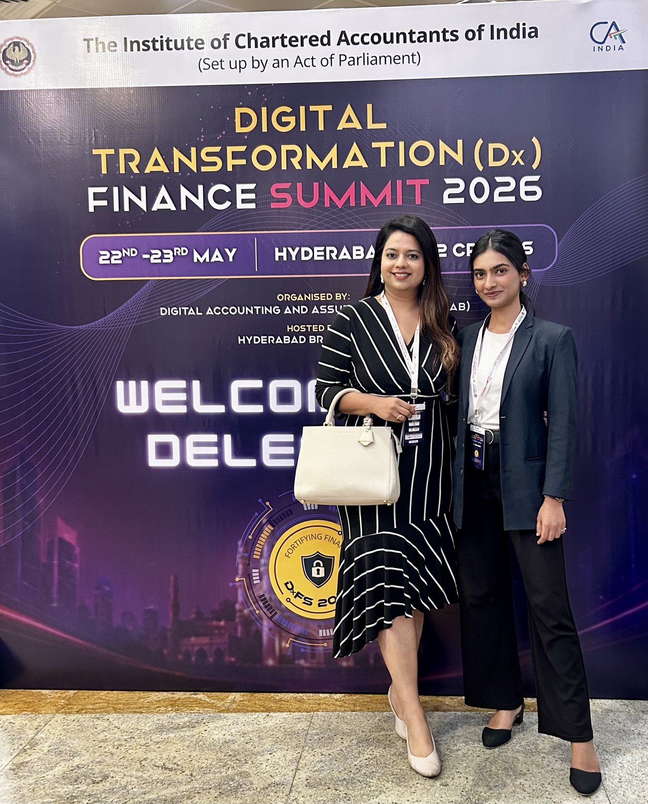 The SecComply team at the ICAI DxFS 2026 welcome backdrop